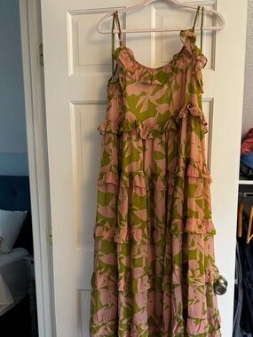 Pink and Olive Floral Tiered Maxi Dress - Ruffle Spaghetti Straps

NWOT
